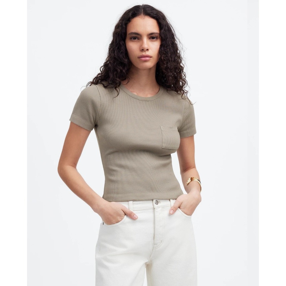 NWT Madewell Garment-Dyed Ribbed Crewneck Pocket Tee Large Burnished Grey - Picture 2 of 11